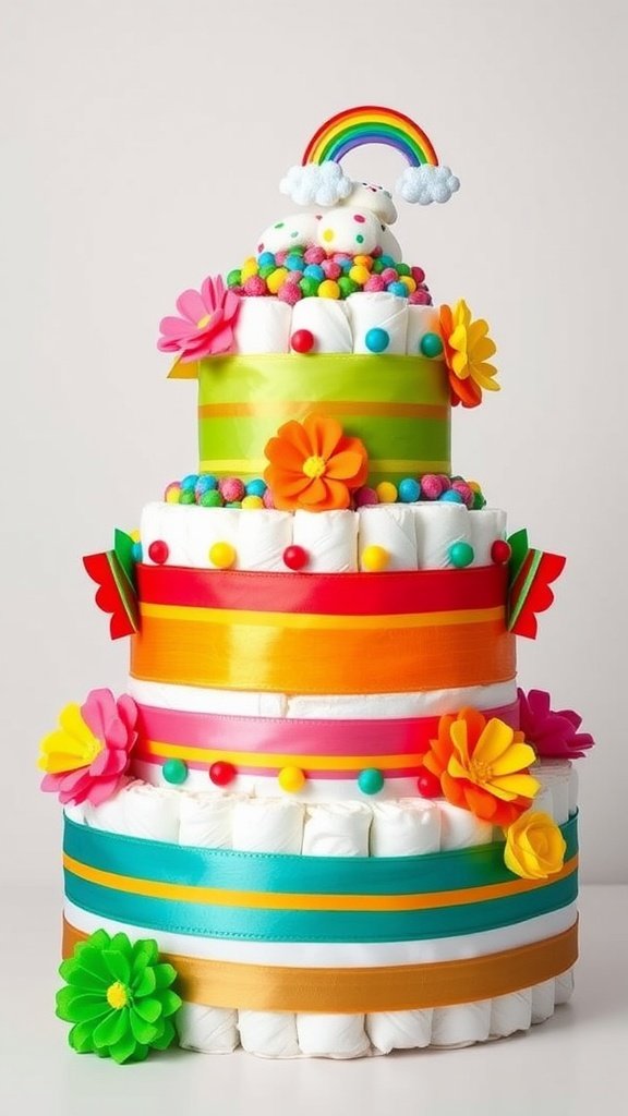 35 Adorable Diaper Cake Ideas for Baby Boys A colorful diaper cake designed for a baby boy featuring bright ribbons, flowers, and a rainbow on top.