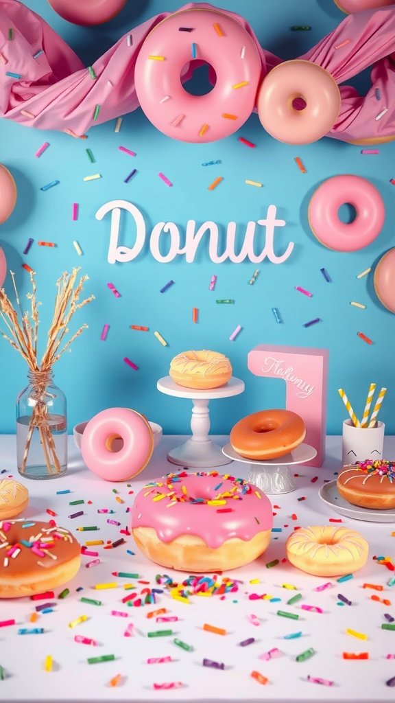 35 Creative 2nd Birthday Party Ideas for Girls Colorful setup for a donut-themed birthday party with sprinkles and donuts