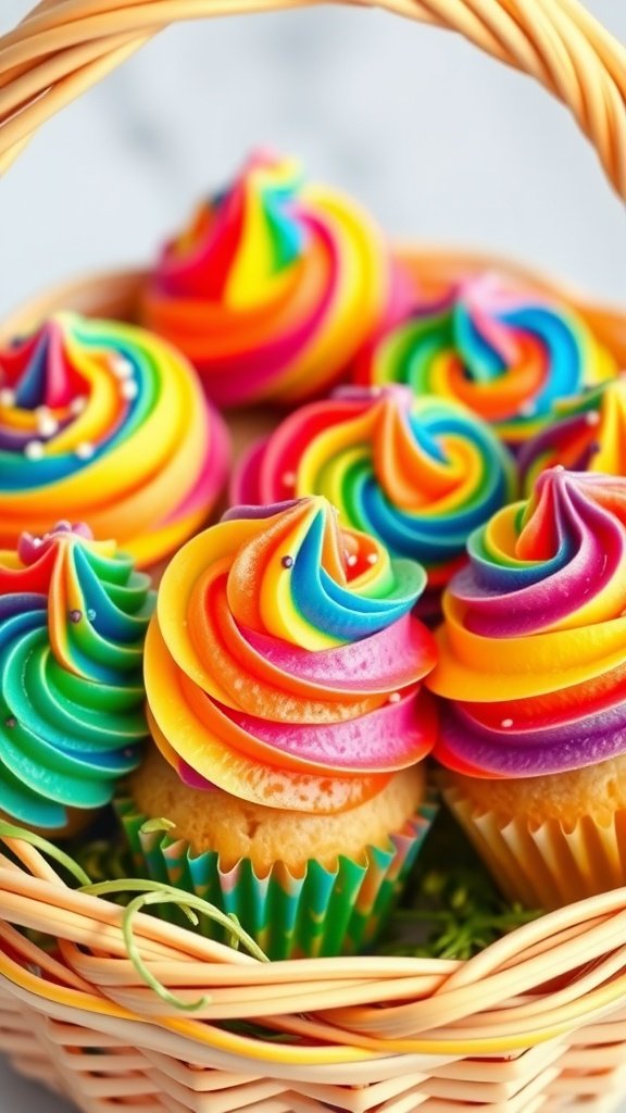 25 Creative and Colorful Easter Cupcakes to Try This Spring Colorful rainbow swirl cupcakes in a basket, perfect for Easter.