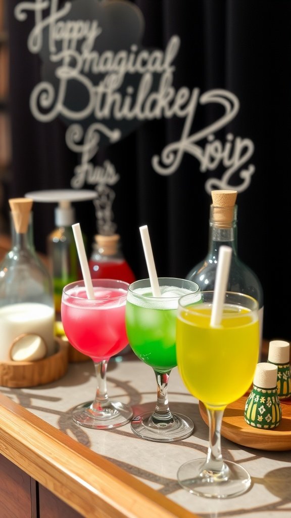25 Magical Unicorn 2nd Birthday Party Ideas Colorful drinks set up at a potion station for a birthday party.