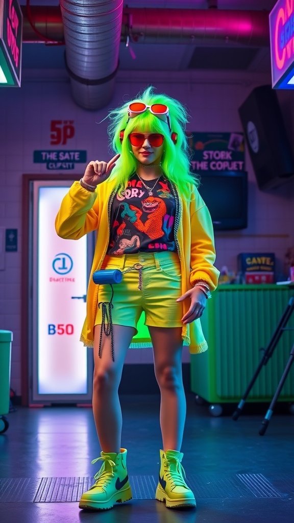 25 Creative St. Patrick's Day Costume Ideas for Everyone A person dressed in a retro 80s-inspired St. Patrick's Day costume, featuring a green wig, neon colors, and playful accessories.
