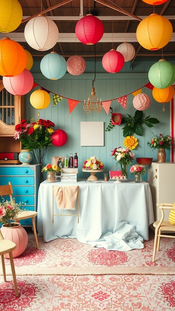 35 Creative Bridal Shower Ideas for an Unforgettable Celebration A vibrant retro-themed bridal shower setup with colorful paper lanterns, fresh flowers, and a cheerful atmosphere.