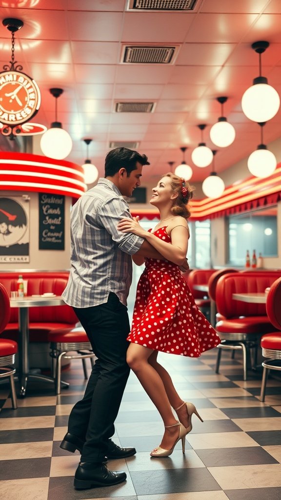 35 Best Couples Costumes for Your Next Halloween Party A couple dancing in a retro diner, with the woman in a red polka dot dress and the man in a casual button-up shirt.