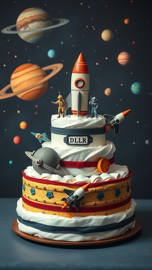 35 Adorable Diaper Cake Ideas for Baby Boys A tiered diaper cake decorated with a retro space theme, featuring a rocket ship, astronaut figures, and planets.