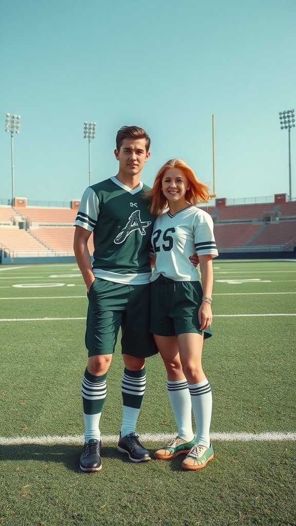 35 Best Couples Costumes for Your Next Halloween Party A couple in retro sports attire, standing on a football field, wearing matching jerseys and shorts.