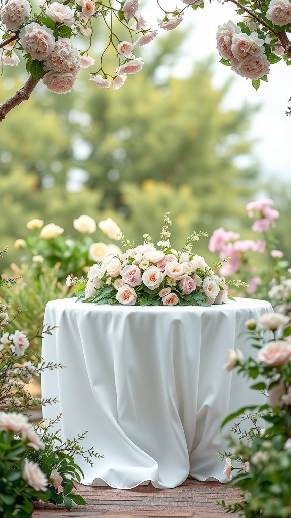 35 Stunning Romantic Wedding Table Settings for Your Special Day A beautifully arranged wedding table with a white tablecloth and a centerpiece of pink roses, surrounded by a lush garden.