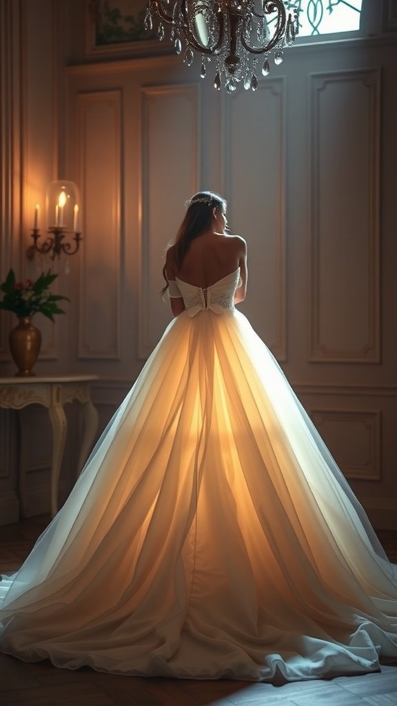 35 Breathtaking Romantic Wedding Dresses for Your Dream Day A bride wearing a flowing off-white wedding dress, highlighted by soft lighting from behind.