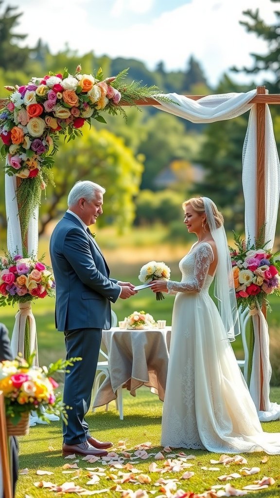 35 Stunning Romantic Wedding Decor Ideas to Inspire Your Big Day A couple exchanging vows under a floral arch during an outdoor wedding ceremony.