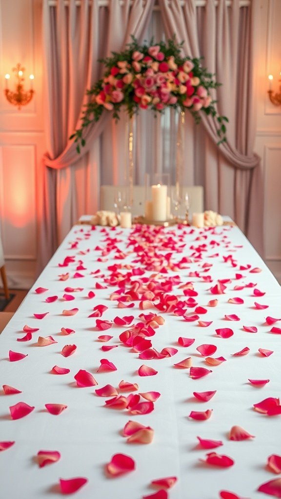 35 Stunning Romantic Wedding Table Settings for Your Special Day A romantic wedding table setting with rose petals scattered on a white tablecloth, surrounded by candles and a floral centerpiece.