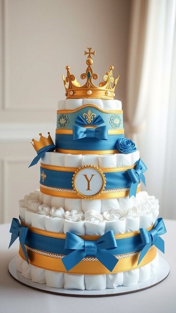 35 Adorable Diaper Cake Ideas for Baby Boys A royal-themed diaper cake featuring white diapers, blue ribbons, golden crowns, and decorative elements.