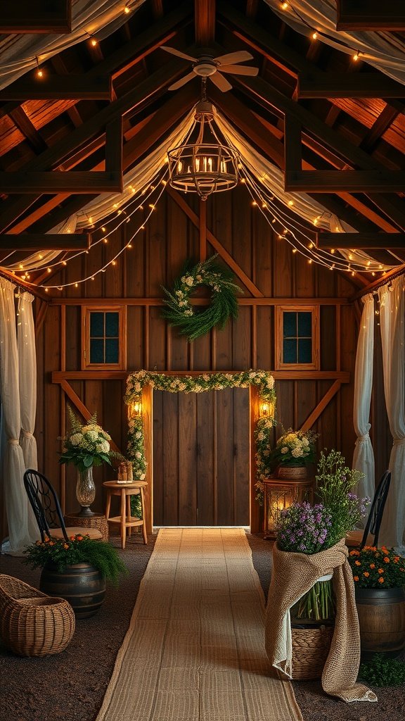 35 Creative Bridal Shower Ideas for an Unforgettable Celebration Interior of a rustic barn decorated for a bridal shower with flowers, lights, and a jute runner.