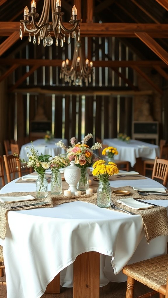 35 Stunning Romantic Wedding Table Settings for Your Special Day A rustic wedding table setting in a barn with flowers in jars and soft lighting.