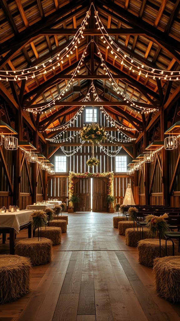 35 Stunning Romantic Wedding Decor Ideas to Inspire Your Big Day Interior of a rustic barn venue decorated for a wedding with string lights, floral arrangements, and straw poufs