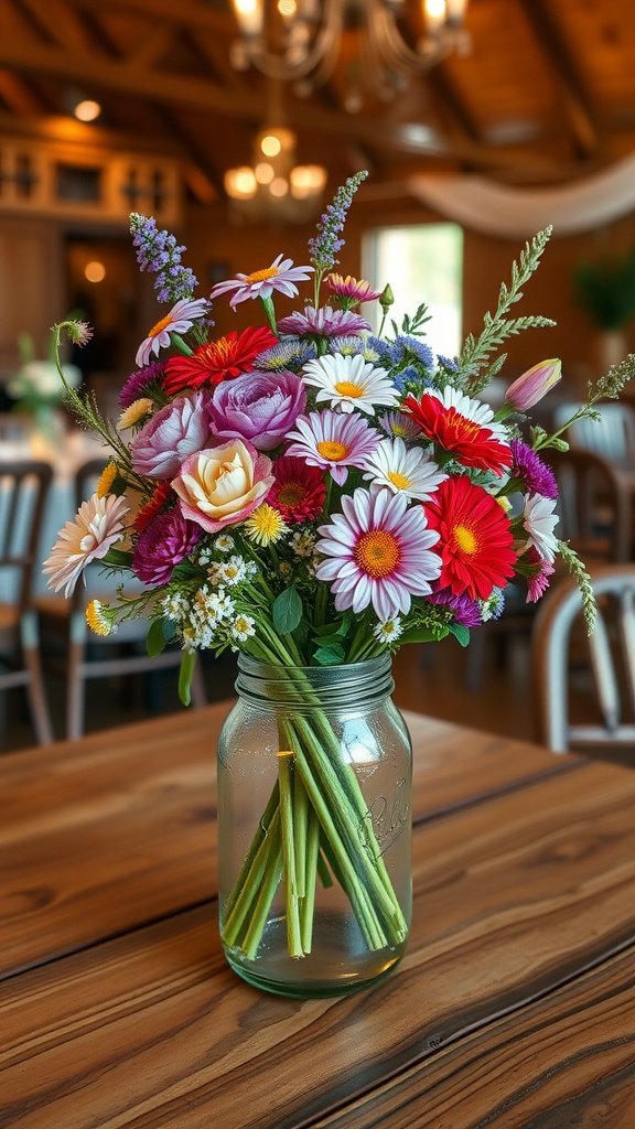 35 Stunning Wildflower Wedding Theme Ideas for Your Dream Celebration A rustic floral centerpiece in a glass jar filled with colorful wildflowers, placed on a wooden table