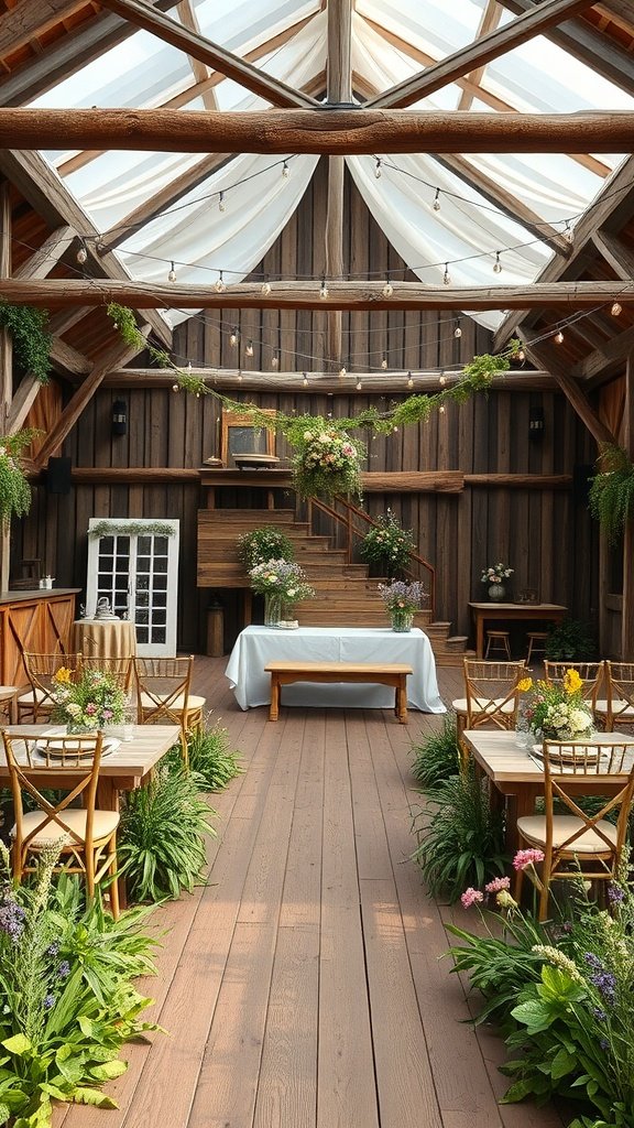 35 Stunning Wildflower Wedding Theme Ideas for Your Dream Celebration Rustic wedding venue decorated with wildflowers and wooden elements