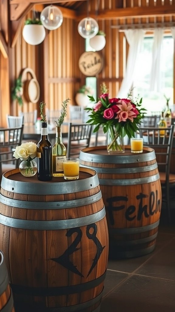 35 Stunning Romantic Wedding Decor Ideas to Inspire Your Big Day Wine barrel displays with flowers and drinks at a wedding venue