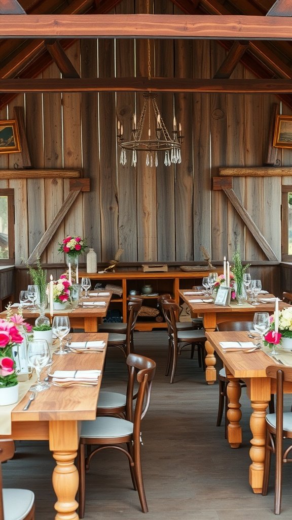 35 Stunning Romantic Wedding Decor Ideas to Inspire Your Big Day A beautifully decorated rustic wedding venue with wooden tables, a chandelier, and floral arrangements.