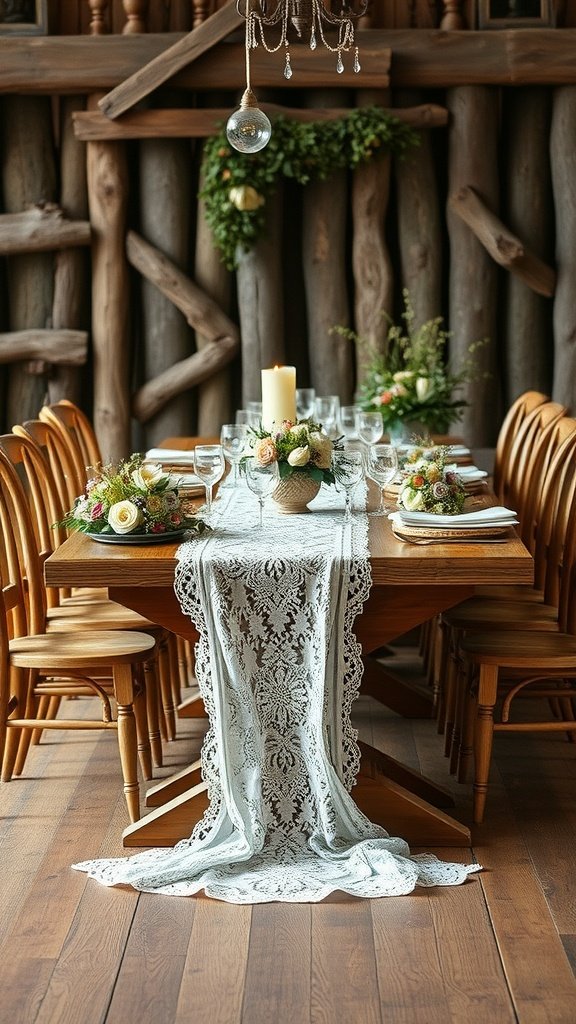 35 Stunning Romantic Wedding Table Settings for Your Special Day A rustic wedding table setting featuring a wooden table with a lace runner, floral arrangements, candles, and glassware.