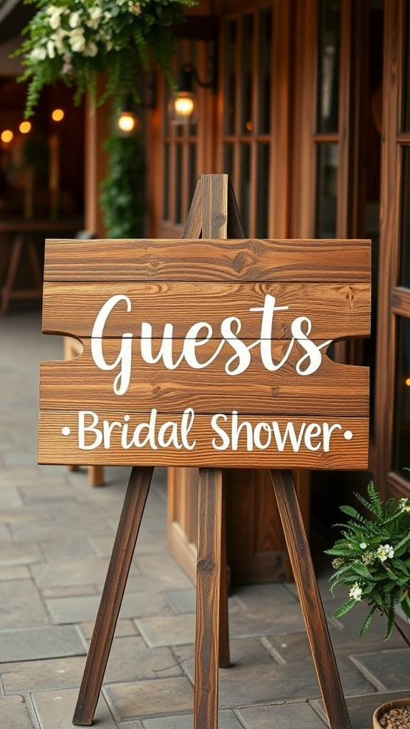 35 Creative Bridal Shower Decoration Ideas You'll Love Wooden sign with 'Guests' and 'Bridal Shower' written in white lettering.