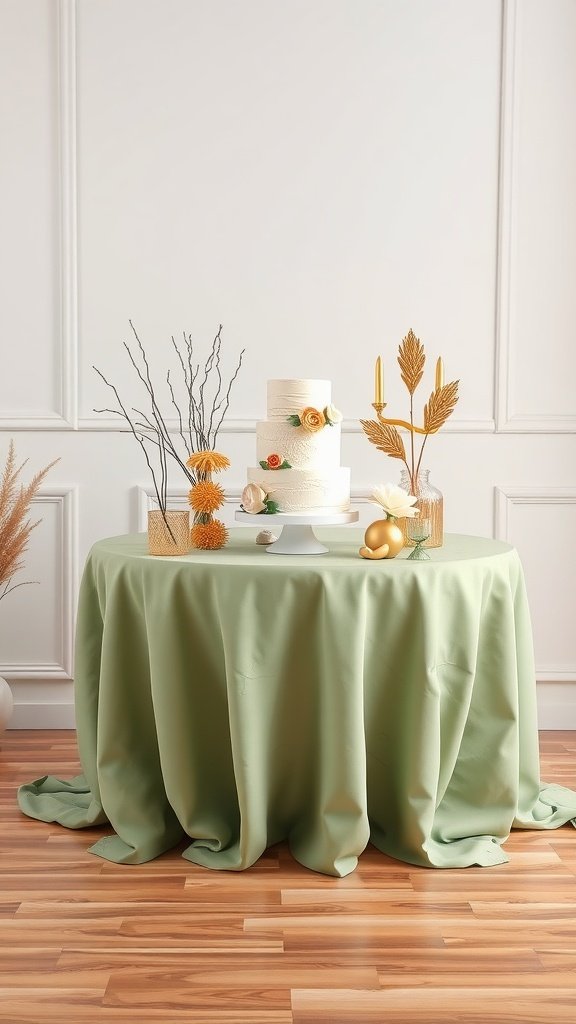 35 Stunning Ideas for a Sage Green and Gold Wedding Theme Elegant wedding cake display with sage green tablecloth and gold accents.