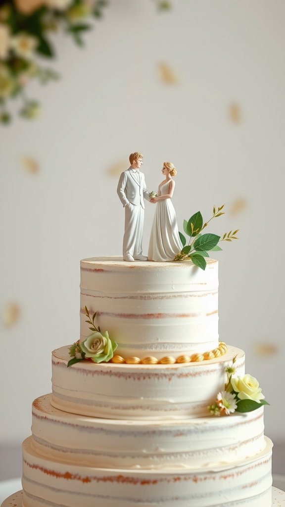35 Stunning Ideas for a Sage Green and Gold Wedding Theme A three-tier wedding cake with a sage green and gold theme, topped with figurines of a bride and groom.