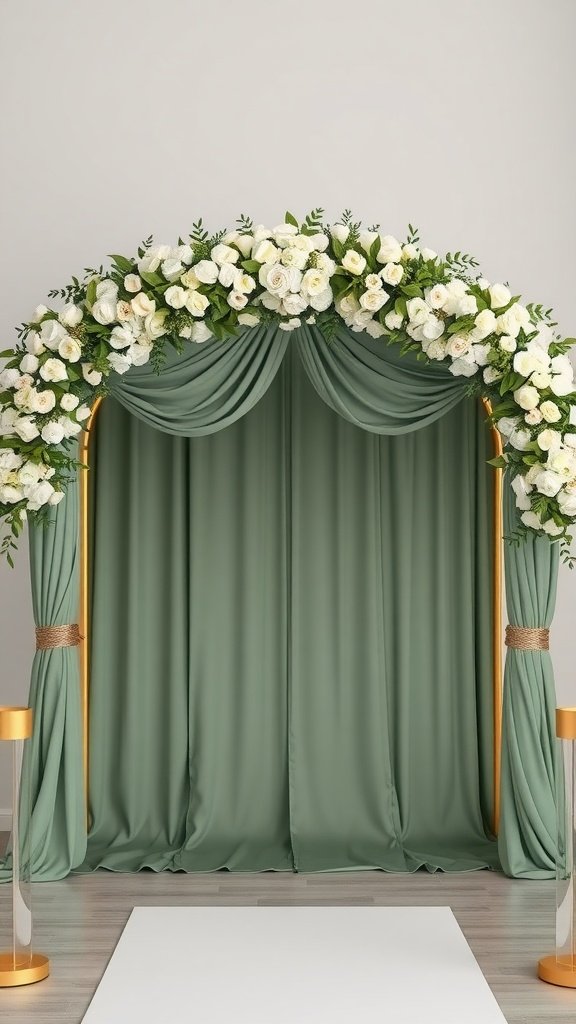 35 Stunning Ideas for a Sage Green and Gold Wedding Theme A beautiful wedding ceremony arch featuring sage green drapes and white flowers with gold accents.