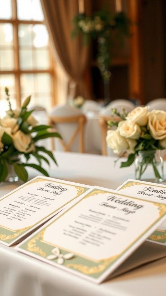 35 Stunning Ideas for a Sage Green and Gold Wedding Theme Ceremony programs in sage green and gold theme displayed on a table with flowers.