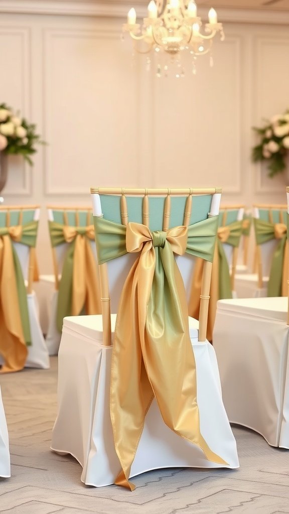 35 Stunning Ideas for a Sage Green and Gold Wedding Theme Chairs with sage green and gold sashes in a wedding setting