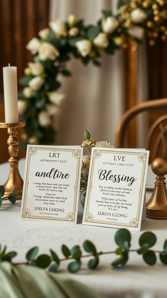35 Stunning Ideas for a Sage Green and Gold Wedding Theme Sage green and gold wedding theme with curse and blessing cards on a table