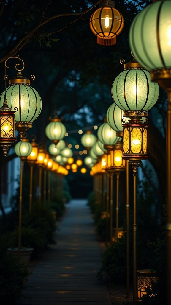 35 Stunning Ideas for a Sage Green and Gold Wedding Theme Pathway lined with sage green and gold lanterns creating a warm and inviting atmosphere.