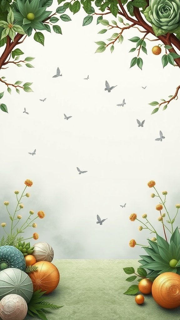 35 Stunning Ideas for a Sage Green and Gold Wedding Theme A serene illustration with sage green and gold elements, featuring flowers and decorative orbs, perfect for a wedding theme.