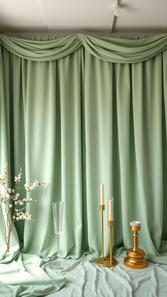 35 Stunning Ideas for a Sage Green and Gold Wedding Theme A sage green and gold themed photo booth with draped green fabric, golden candlesticks, and a champagne flute.