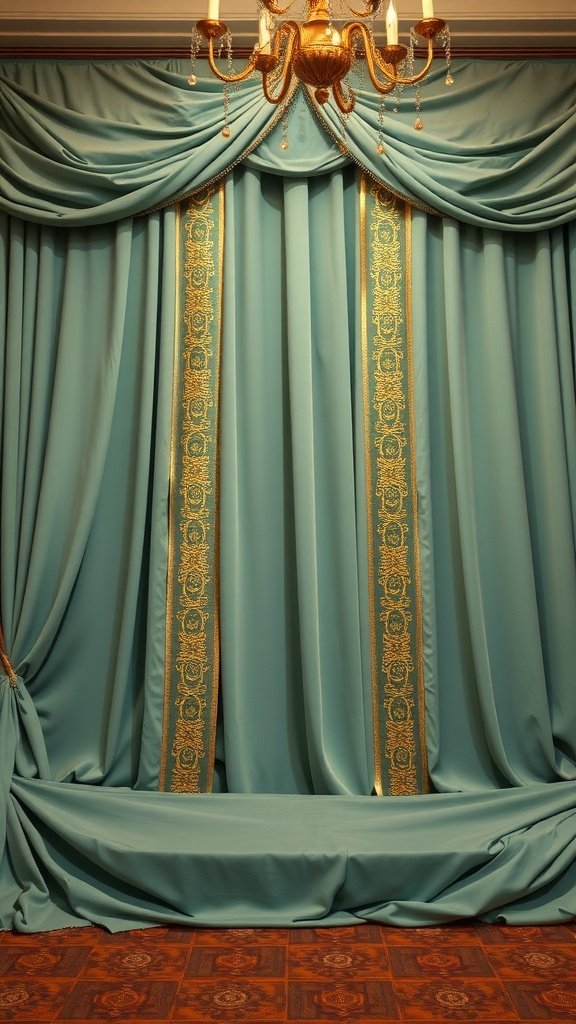 35 Stunning Ideas for a Sage Green and Gold Wedding Theme Elegant reception backdrop featuring sage green drapes and gold accents, with a chandelier overhead.