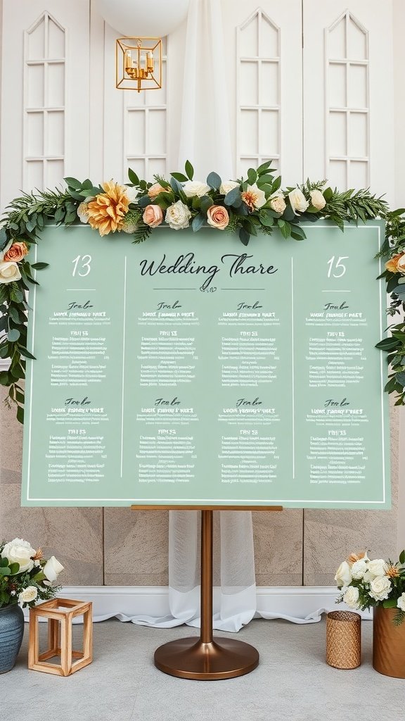 35 Stunning Ideas for a Sage Green and Gold Wedding Theme Sage green and gold wedding seating chart adorned with flowers
