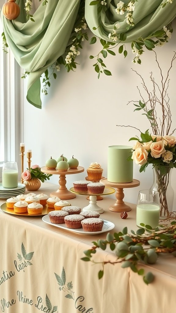 35 Stunning Ideas for a Sage Green and Gold Wedding Theme Sage green and gold themed dessert table with cupcakes, macarons, and decorations