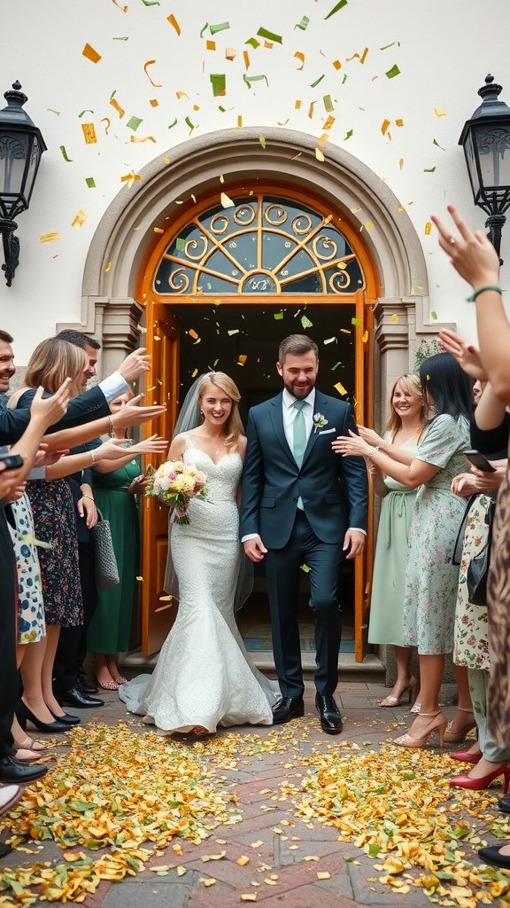 35 Stunning Ideas for a Sage Green and Gold Wedding Theme A bride and groom exiting a venue with gold confetti in a sage green and gold themed wedding.