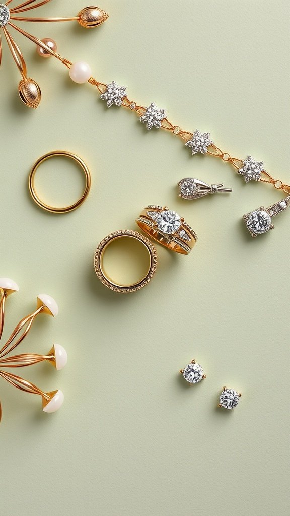 35 Stunning Ideas for a Sage Green and Gold Wedding Theme Elegant jewelry and accessories in gold and sparkling stones against a sage green background.