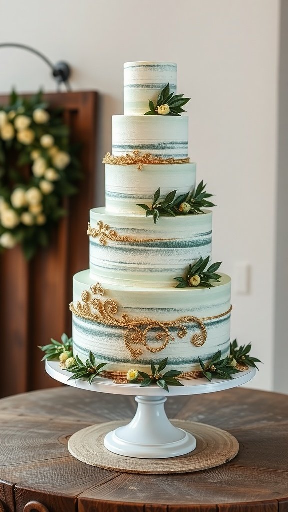 35 Stunning Ideas for a Sage Green and Gold Wedding Theme A tall wedding cake with sage green stripes and gold accents, decorated with greenery and flowers.
