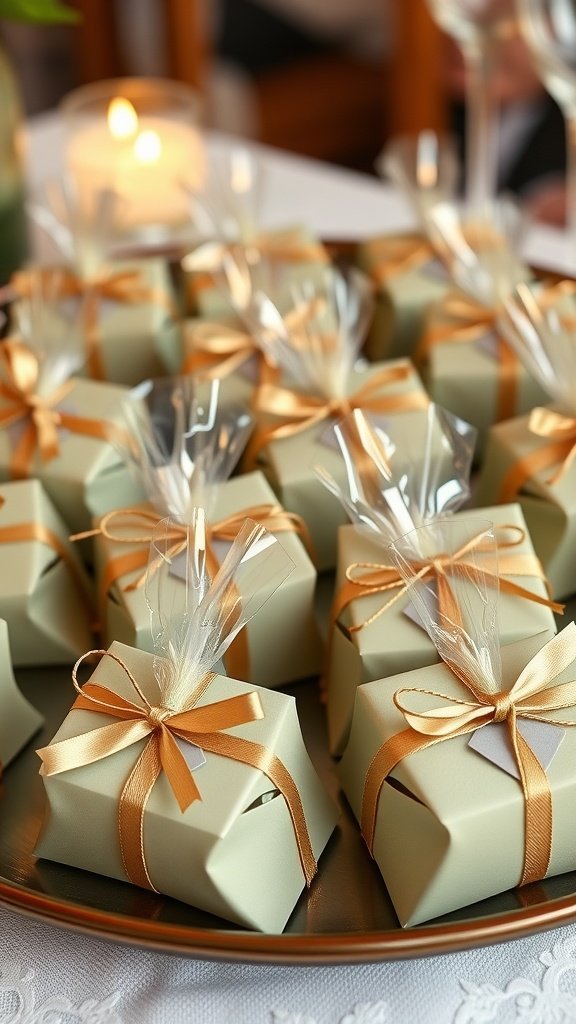 35 Stunning Ideas for a Sage Green and Gold Wedding Theme Elegant sage green wedding favors wrapped in gold ribbon on a platter