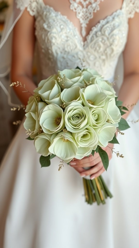 35 Stunning Ideas for a Sage Green and Gold Wedding Theme A beautiful bouquet with sage green roses and delicate gold accents, held by a bride in a white wedding dress.