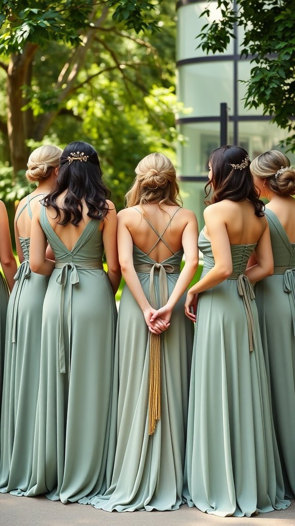 35 Stunning Ideas for a Sage Green and Gold Wedding Theme A group of bridesmaids wearing sage green dresses with unique back designs, set against a backdrop of greenery.