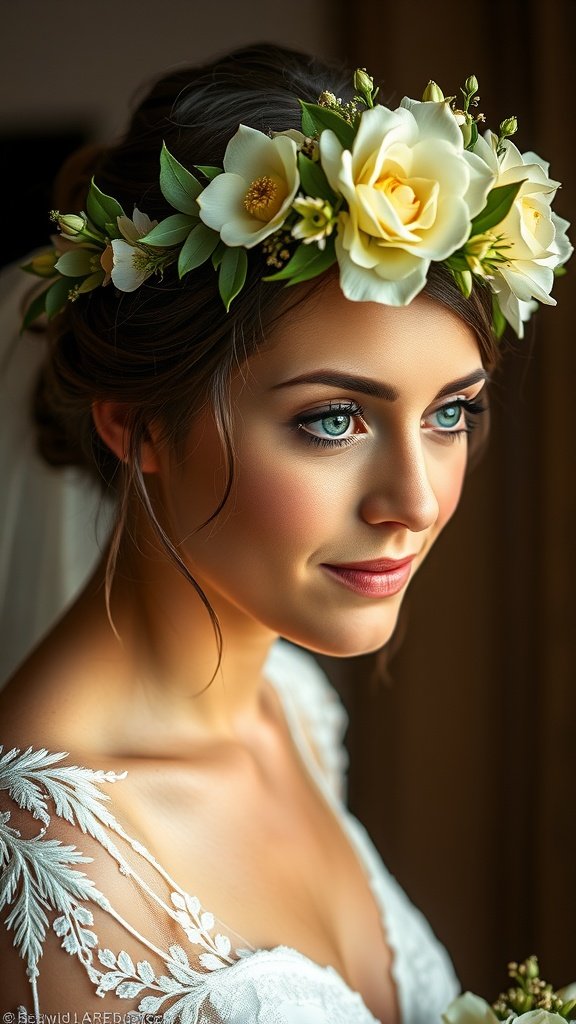 35 Stunning Ideas for a Sage Green and Gold Wedding Theme Bride wearing a sage green floral crown with white roses and yellow flowers.