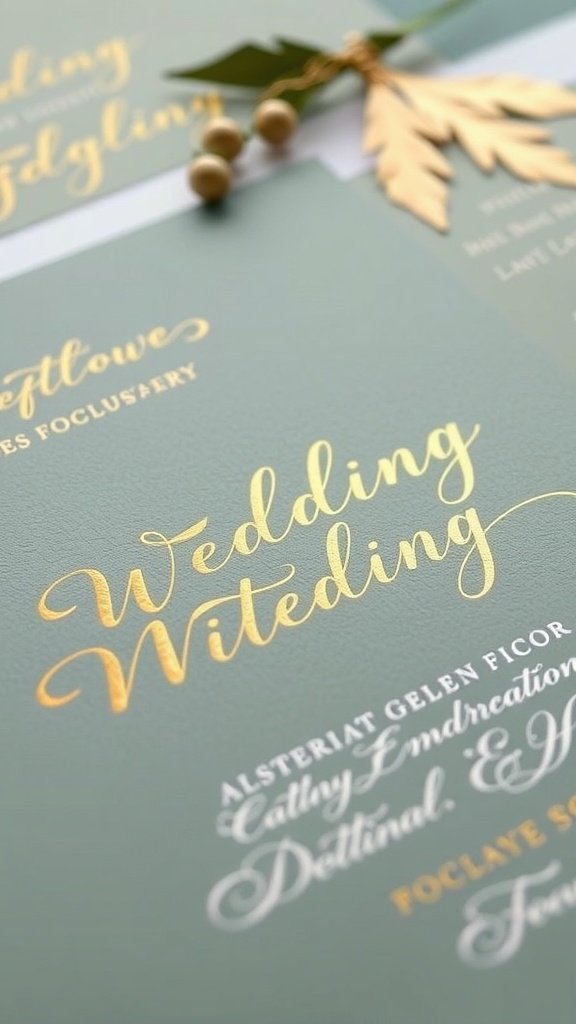 35 Stunning Ideas for a Sage Green and Gold Wedding Theme Sage green wedding invitations with gold calligraphy and decorative elements