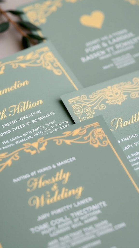 35 Stunning Ideas for a Sage Green and Gold Wedding Theme Sage green wedding invitations with gold foil designs
