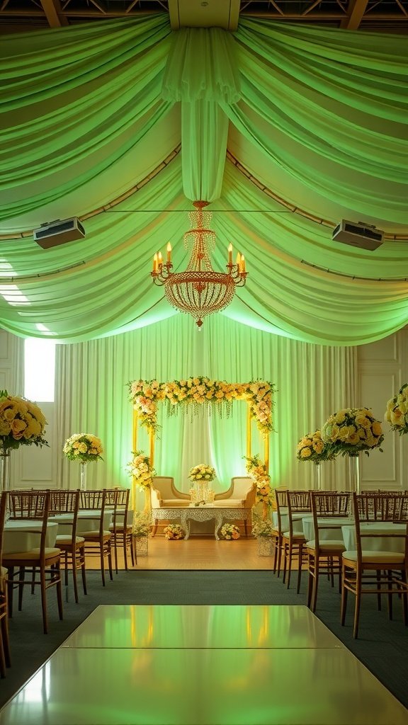 35 Stunning Ideas for a Sage Green and Gold Wedding Theme Elegant wedding setup featuring sage green lighting, floral arrangements, and gold accents.