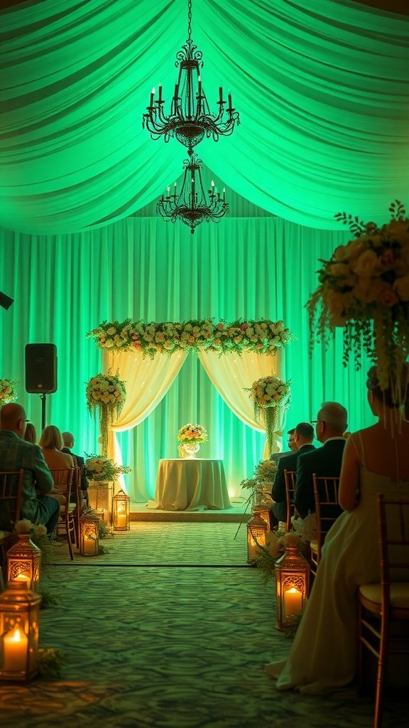 35 Stunning Ideas for a Sage Green and Gold Wedding Theme An elegantly decorated wedding venue featuring sage green lighting, chandeliers, floral arrangements, and lanterns.