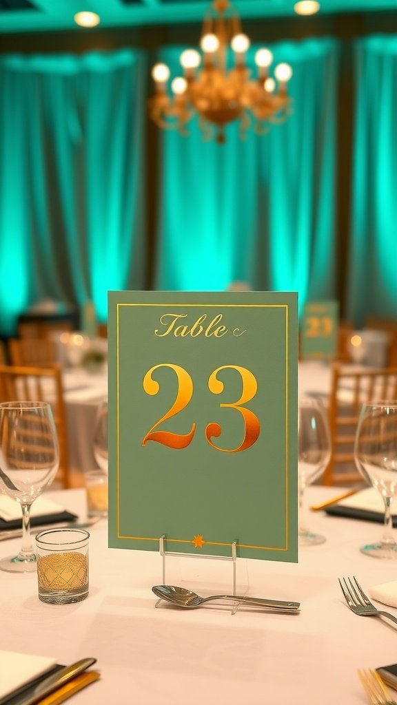 35 Stunning Ideas for a Sage Green and Gold Wedding Theme Sage green table number 23 with gold accents at a wedding reception