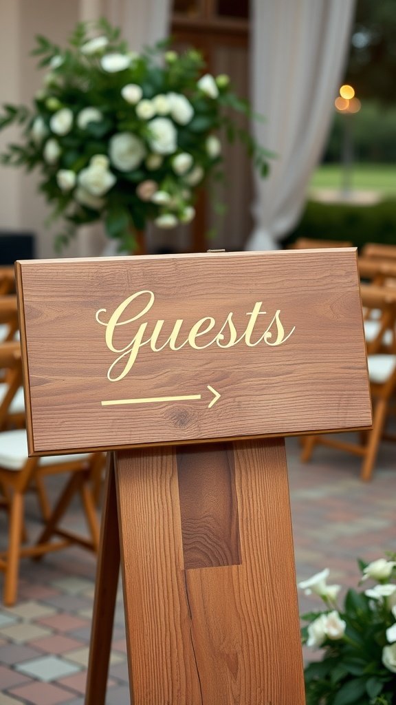 35 Stunning Ideas for a Sage Green and Gold Wedding Theme Wooden wedding sign with gold lettering indicating guests, set against a backdrop of greenery and white flowers.