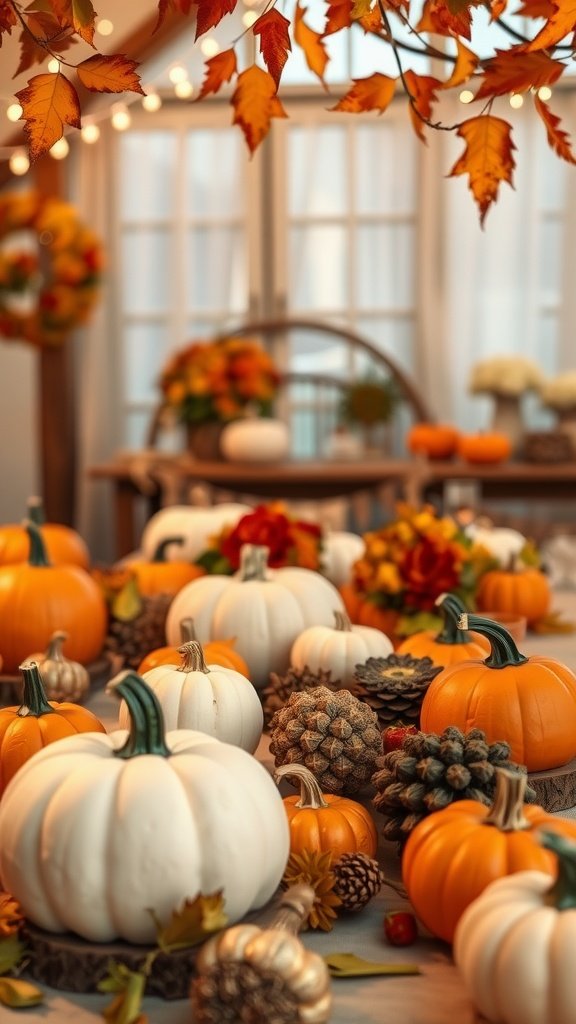 35 Creative Bridal Shower Ideas for an Unforgettable Celebration A cozy autumn-themed bridal shower setup with pumpkins, pinecones, and warm decorations.