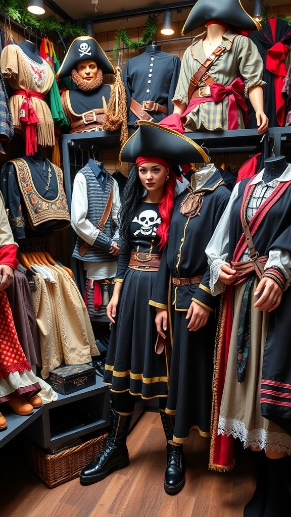 25 Must-Have Accessories for the Ultimate Pirate Costume A display of various pirate costumes, showcasing different styles and accessories, with a focus on a female model in a pirate outfit.